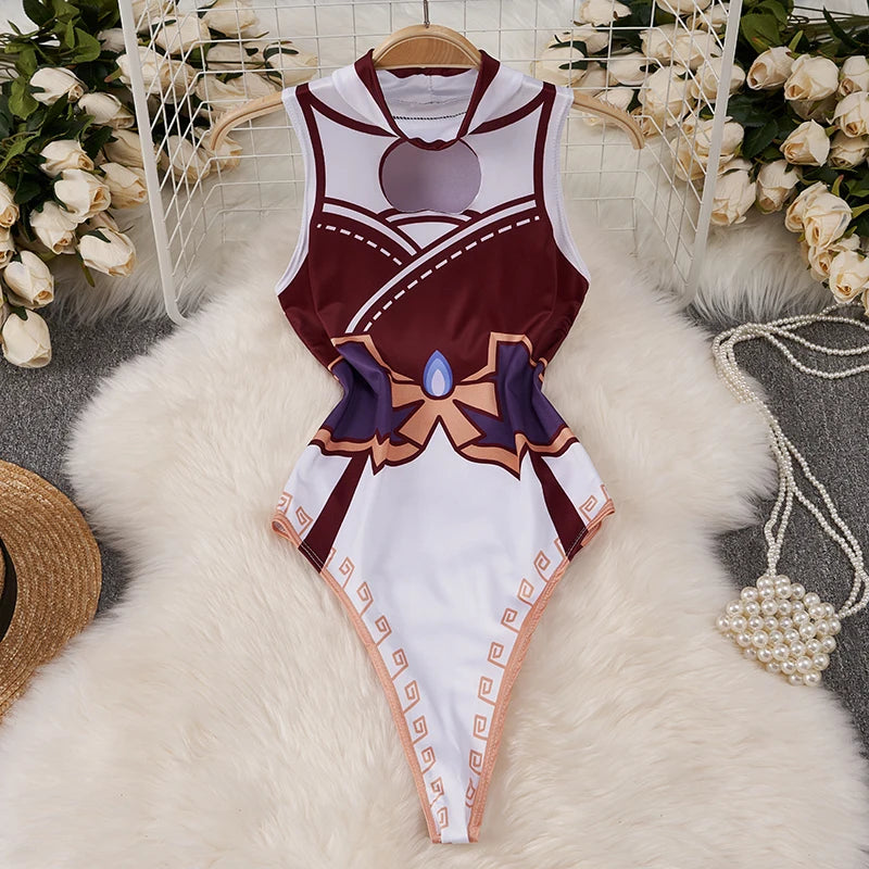 Cartoon Print High Neck Jumpsuit Hollow Sleeveless Slim Bodysuit Hero Cosplay Uniform Cute Sweet Women's Pajamas Rompers Catsuit