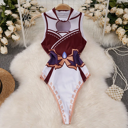 Cartoon Print High Neck Jumpsuit Hollow Sleeveless Slim Bodysuit Hero Cosplay Uniform Cute Sweet Women's Pajamas Rompers Catsuit