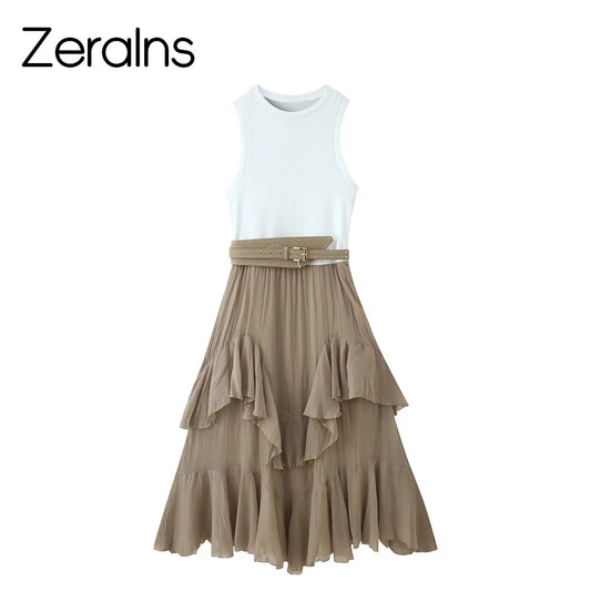 ZERAINS Women's Spring/Summer New Product Versatile Sleeveless Round Neck with Belt Stacked Splicing Tank Top Dress