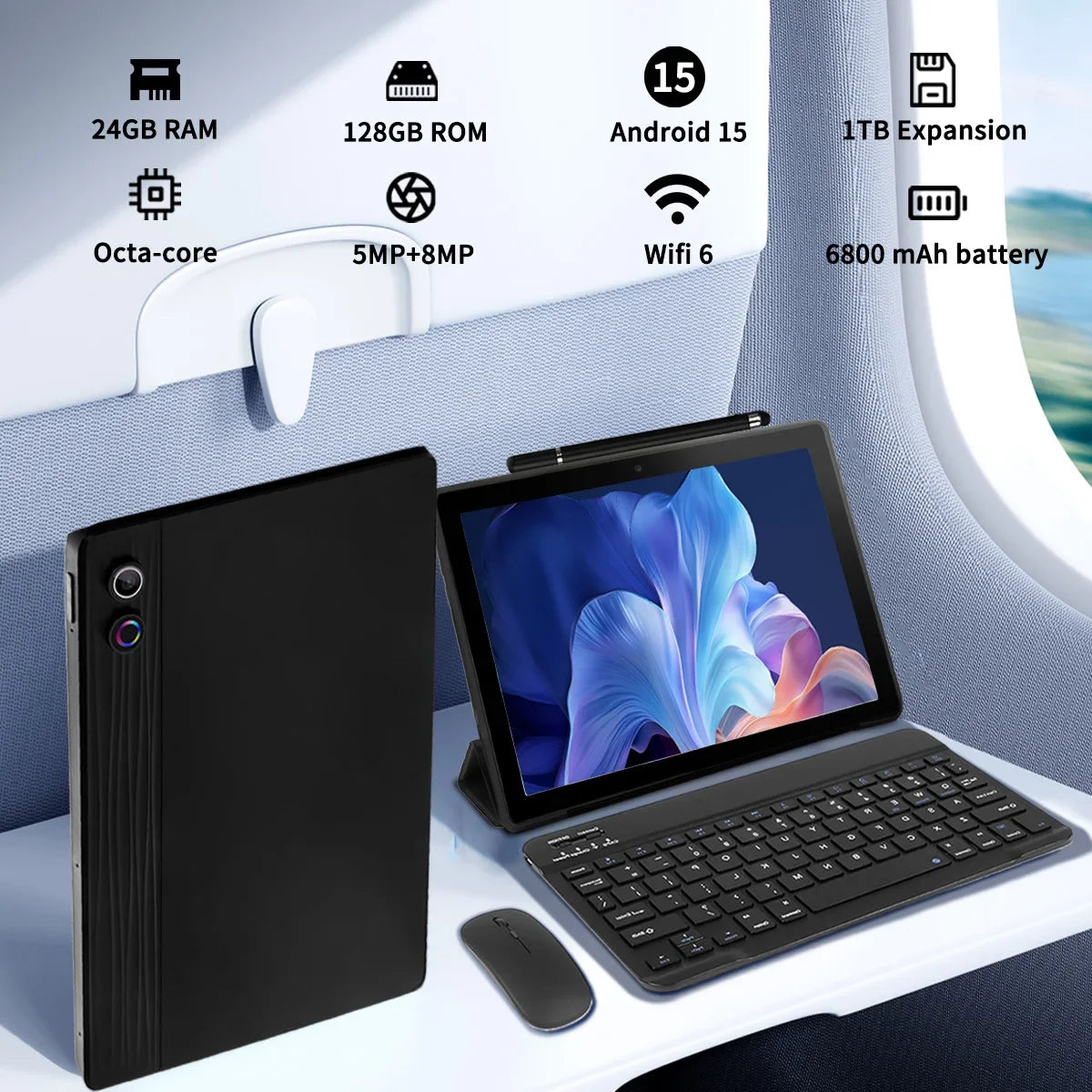 URAO 11 Inch Tablet Android 24GB RAM 128GB ROM 6800mAh IPS HD Touch Screen with Keyboard Protective Case Mouse Stylus 8 in 1 Kit