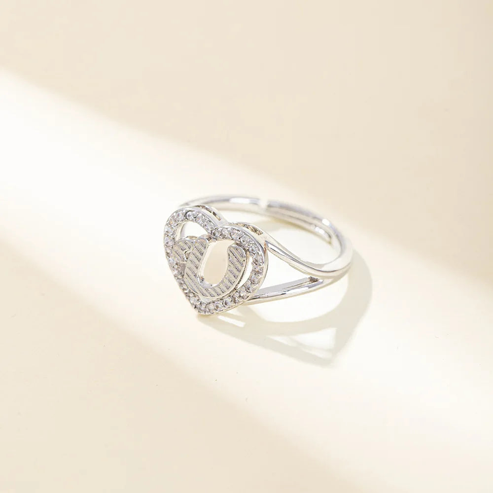 White Zircon 26 Letters A-Z Love Heart Open Adjustable Rings For Women Gold Silver Color Wedding Band Jewelry Mother's Day Gifts