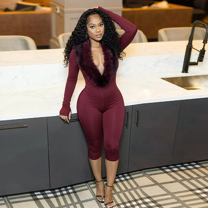 FAGADOER Women Bodycon One Piece Jumpsuit Faux Fur Patchwork Trim Deep V Long Sleeve Stretch Slim Fit Sexy Streetwear Outfit New