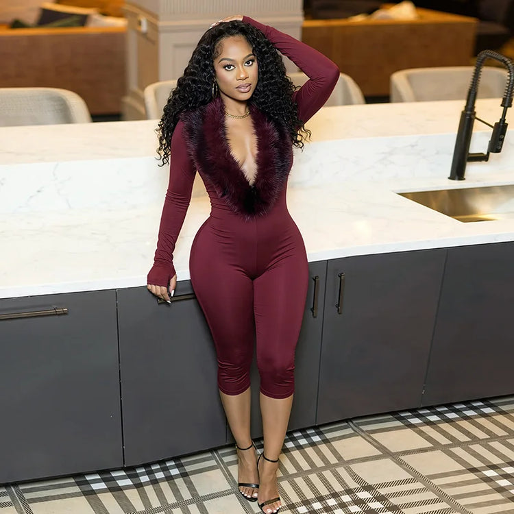 FAGADOER Women Bodycon One Piece Jumpsuit Faux Fur Patchwork Trim Deep V Long Sleeve Stretch Slim Fit Sexy Streetwear Outfit New