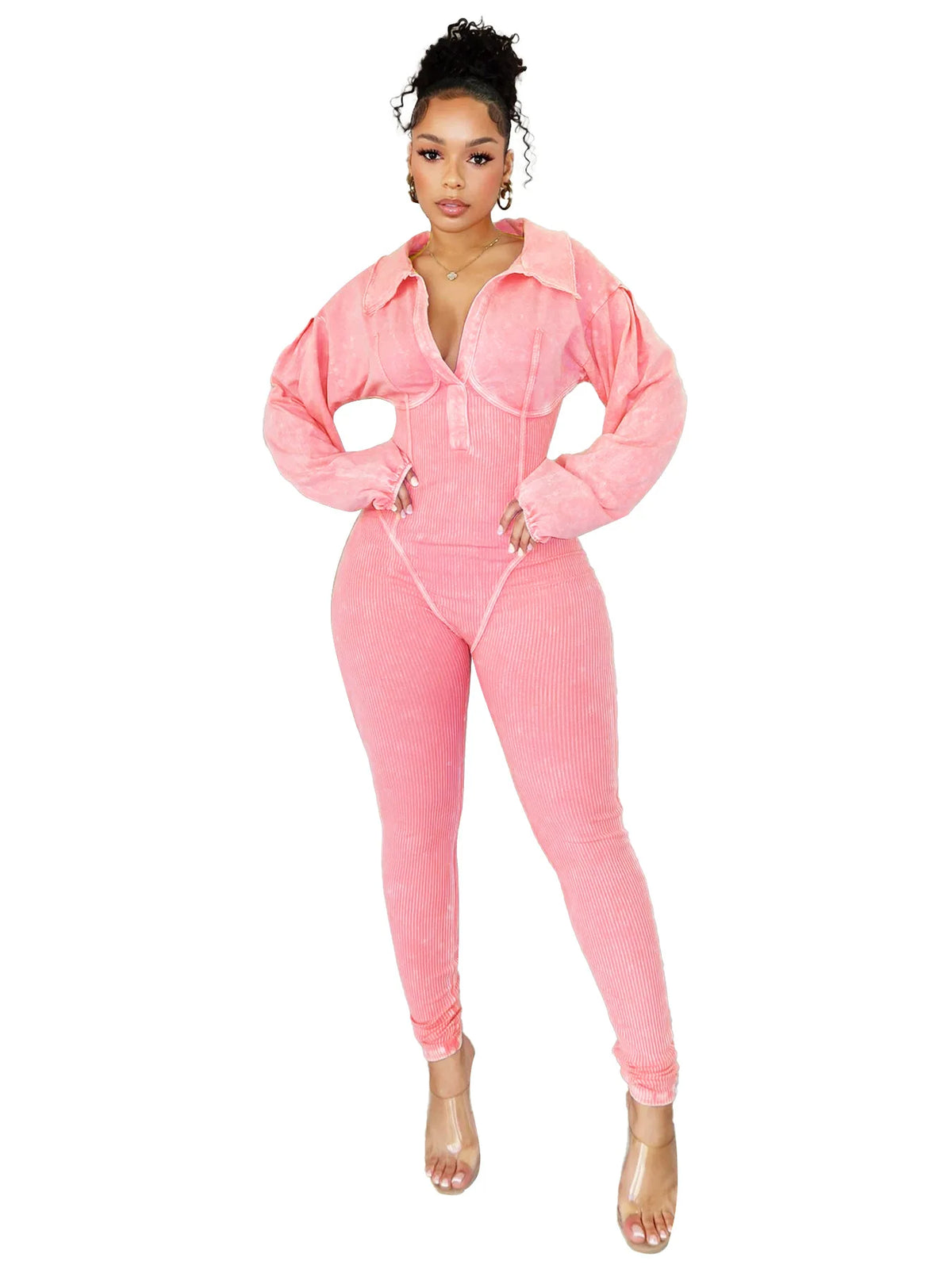 CM.YAYA Fashion Women Knit Ribbed Long Sleeve Moto Biker Jumpsuits 2024 Autumn Washed Street Playsuit One Piece Suit Romper