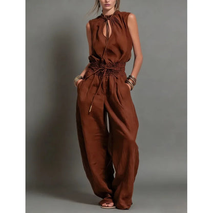 Summer Fashion Elastic Waisted Wide Leg Jumpsuit Women's Sleeveless Sexy Deep V-Neck Lace-up Loose Pockets Female Rompers 2026