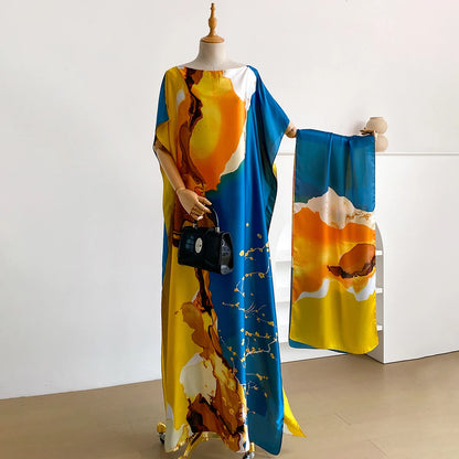 Summer Fashion Kaftan Dress for Women with Big Scarf Loose Abaya Muslim Style African Casual Print Shawl Robe - New 2026