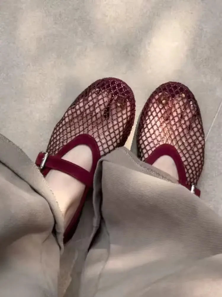 2026 New Model~ Fishnet Rhinestone Ballet Flat Mary Jane Women's Shoes with Hollowed-Out Strap