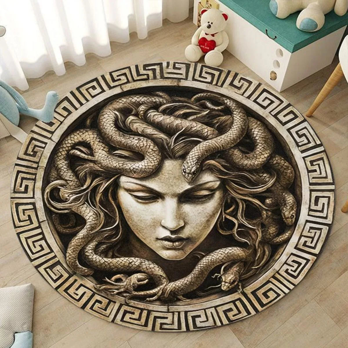 1pc Medusa Greek Myth Round Rug Flannel Ancient Art Floor Mat Bedroom Bathroom Decor Snake Hair Goddess Design Soft Carpet