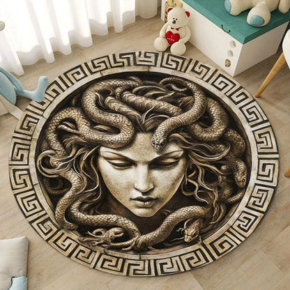 1pc Medusa Greek Myth Round Rug Flannel Ancient Art Floor Mat Bedroom Bathroom Decor Snake Hair Goddess Design Soft Carpet