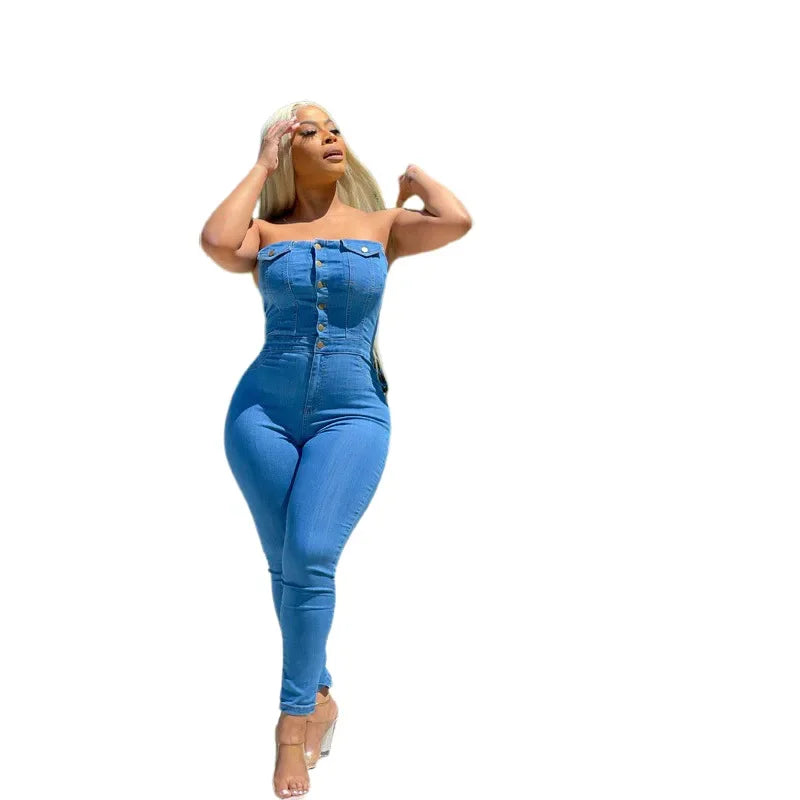 Women 2023 Autumn One Piece Sleeveless Slim Strapless Denim Jumpsuits Tight High Waist Sheath Overalls Long Pants Rompers