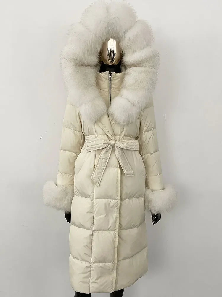 OFTBUY 2024 Long Winter Jacket Women Natural Real Raccoon Fox Fur Collar Hooded White Duck Down Coat Thick Warm Casual Outerwear