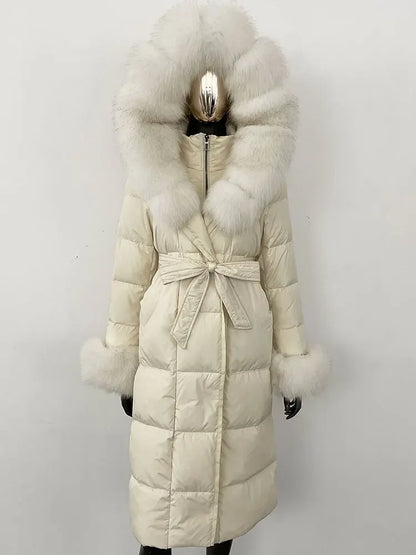 OFTBUY 2024 Long Winter Jacket Women Natural Real Raccoon Fox Fur Collar Hooded White Duck Down Coat Thick Warm Casual Outerwear