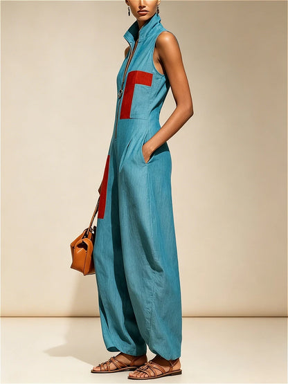 Modigirl Women Contrast Color Lapel Jumpsuit Sleeveless Wide Leg Loose Pocketed Casual Outfits Women's Jumpsuits woman clothes