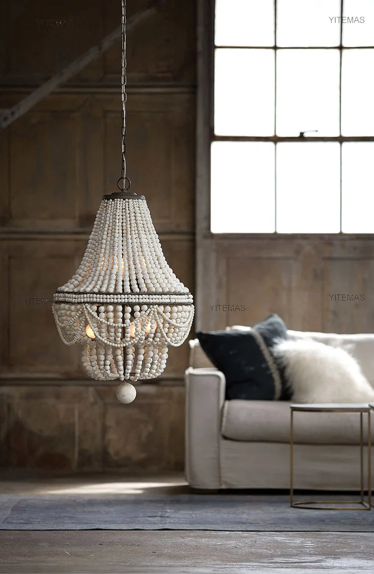 Blue Grey Wooden Beads 8 Lights Chandeliers For Foyers Vintage White Chandelier Lighting Bedroom Living Room Boho Pendant Light