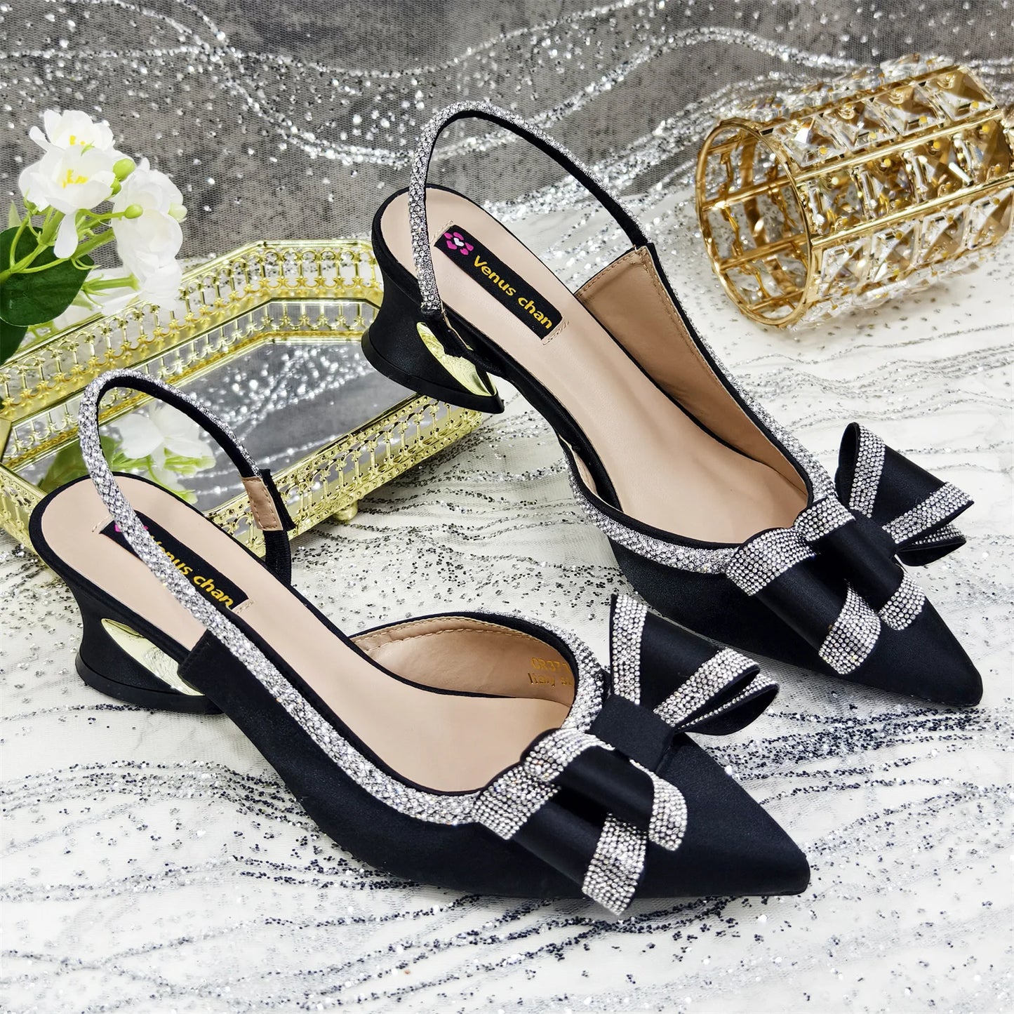 Elegant Gold Satin Rhinestone Bow Slingback Heel & Clutch Bag Set, Women Bridal Matching Kit For Wedding Party Evening Prom Form