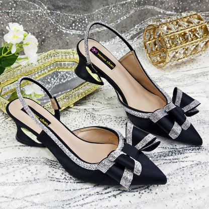Elegant Gold Satin Rhinestone Bow Slingback Heel & Clutch Bag Set, Women Bridal Matching Kit For Wedding Party Evening Prom Form