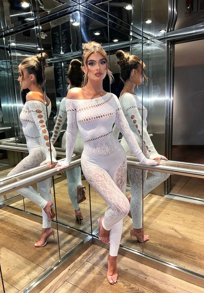 FAGADOER Spring Summer New Sexy Jumpsuits Women See Through Hollow Out Rhinestone Patchwork Rompers Female Streetwear Overalls