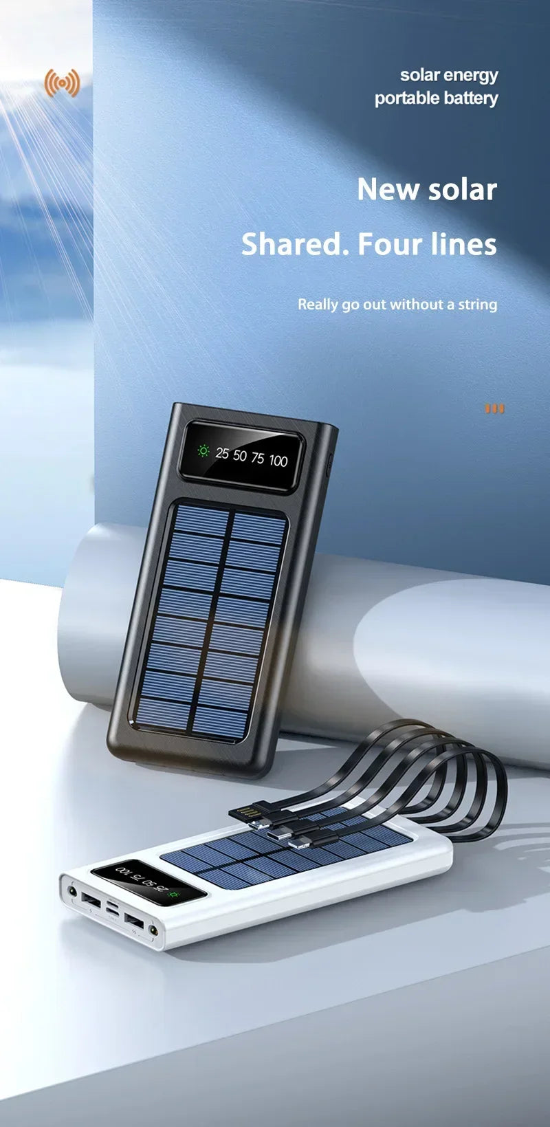 Lenovo Solar Power Bank 200000mAh Large Capacity Mobile Power Fast Charging Battery With Dual USB 4-Cables For iPhone Samsung