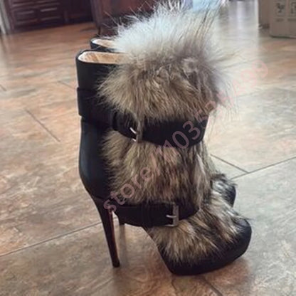 Winter Platform Belt Buckle Soft Fur Short Boots Fashion Show Party Casual Furry Boots New Sexy Women's Stiletto Warm Boots
