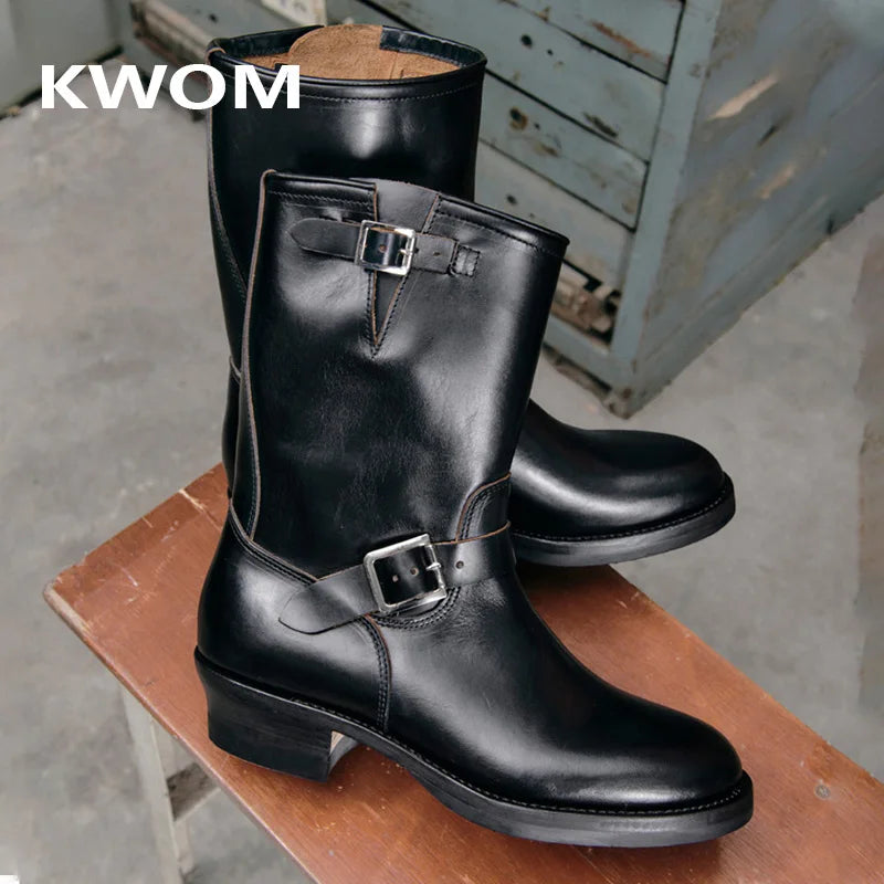 KOWM Cowhide Hiking shoes workwear goodyear shoes trendy  ankle shoes walking sneakers Brown trekking boots men Engineer's boots