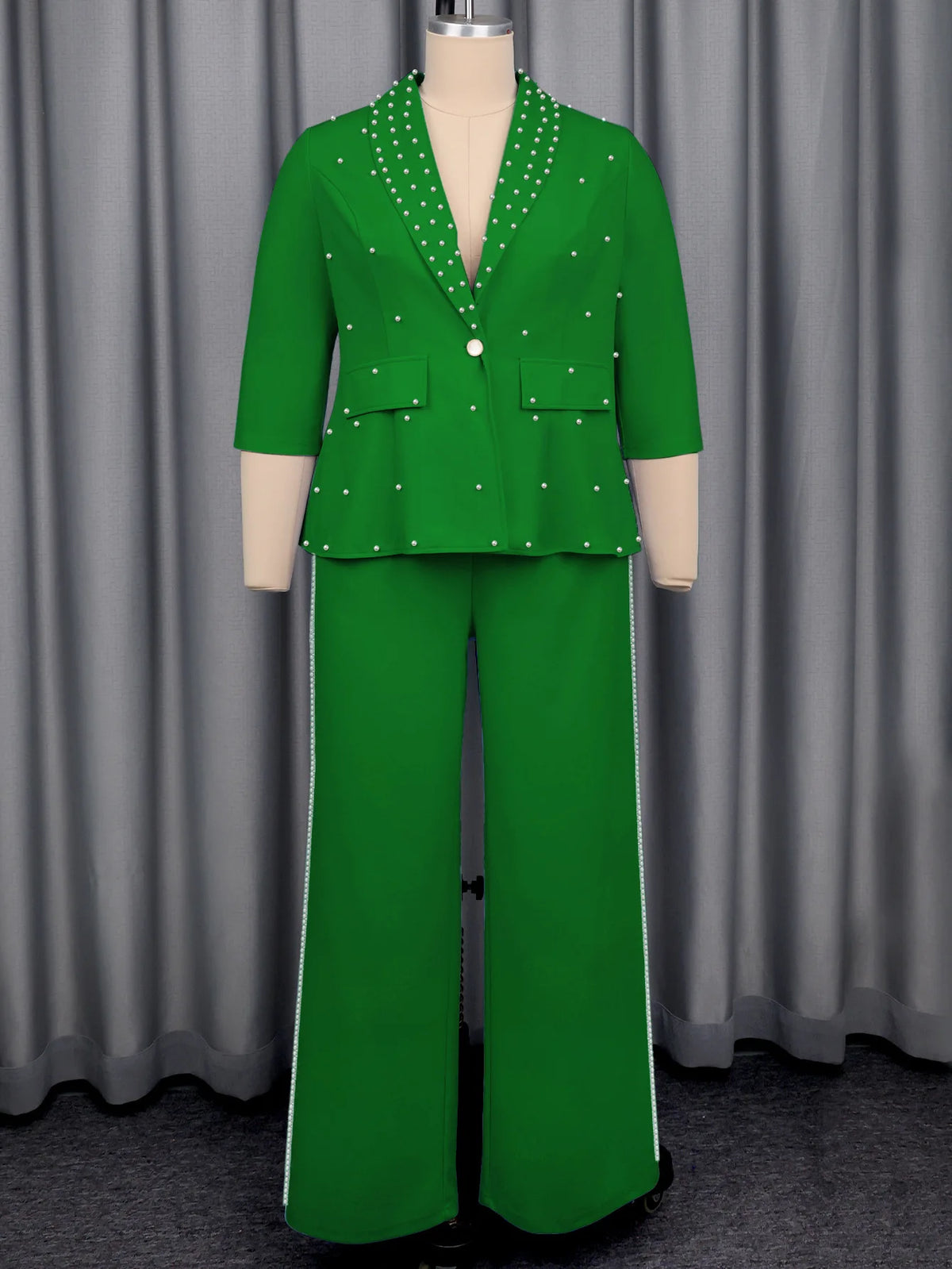 Plus Size Women's Green Beaded Blazer Suit Three-quarter Sleeve Top + Wide-leg Pants Elegant Two-piece Set Casual Y2K Two Piece