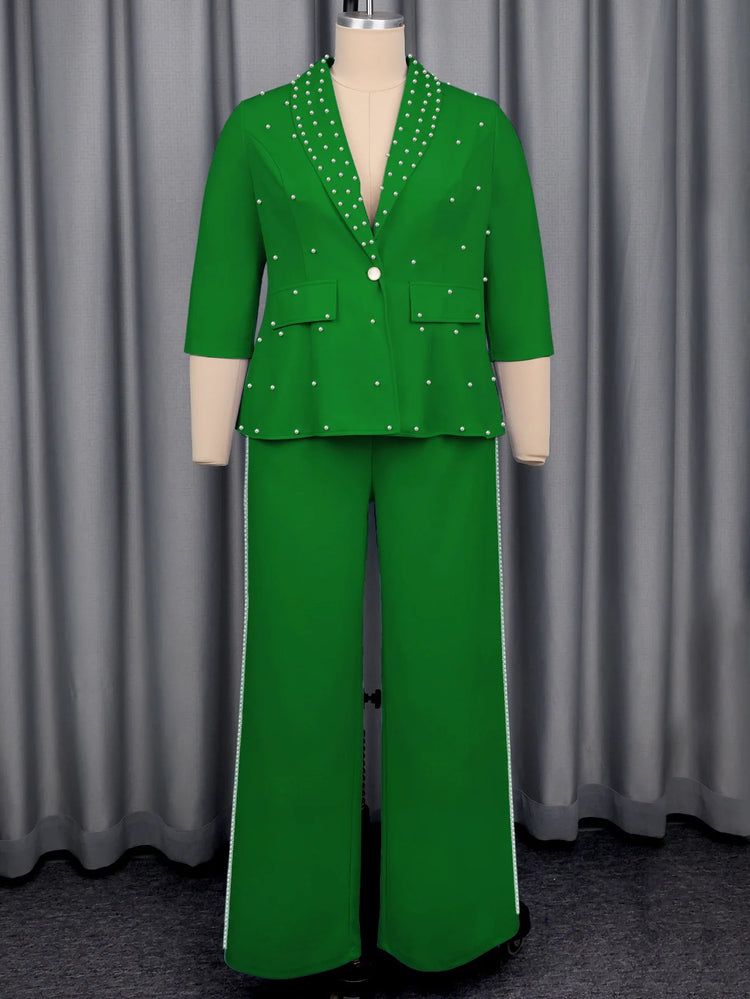Plus Size Women's Green Beaded Blazer Suit Three-quarter Sleeve Top + Wide-leg Pants Elegant Two-piece Set Casual Y2K Two Piece