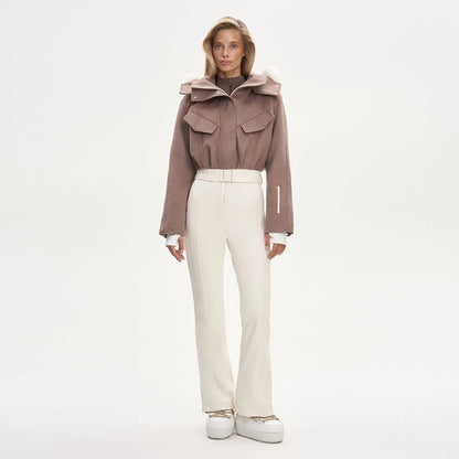 Faux Fur Patchwork Ski Jumpsuit Women Detachable Hoodie Long Sleeves Belts Zipper Warm Skiwear Female 2025 Winter Warm Rompers