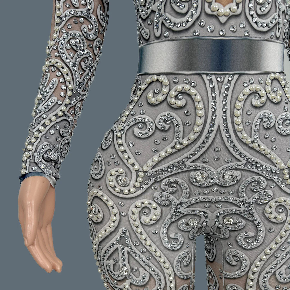 Women Sparkly Rhinestone Pearls Spandex Jumpsuit Nightclub Party Stage Performance Bodycon Wear Sexy Printing Jumpsuit Quanquan