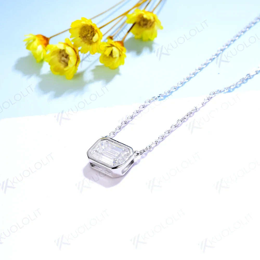 Kuololit 2CT Emerald cut Moissanite Necklaces For Women Solid 925 Sterling Silver Bezel set Necklace for Engagement Bridal Gift