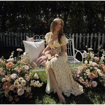 Fashion V-neck Floral Women Maxi Dress Flutter Sleeve Lace Trim High Waist Chiffon Vestidos Summer Female Daily Vacation Dresses