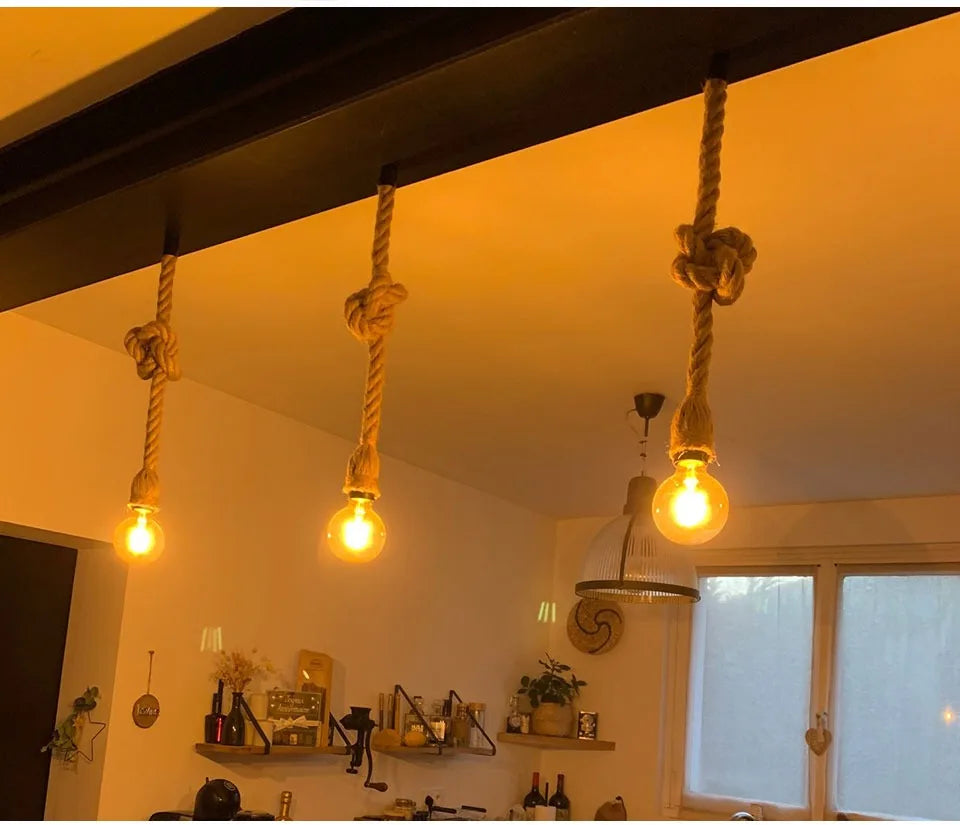 Hemp Rope Pendant Lights E27 Vintage Retro Hemp Rope Lamp Hanging Lamps Creative Loft Home Chandeliers LED Light Base AC85V-265V