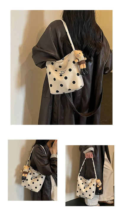 Korean Style Niche Linen Dot Shoulder Bag Women New Fashion Large Capacity Bucket Bag Casual Versatile Commuting Underarm Bag