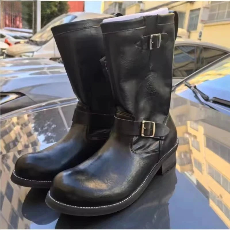 Retro Men's Genuine Leather British Long Chelsae Boots Knee High Buckle Strap Riding Botas Moto Thick Heel Engineer Boots