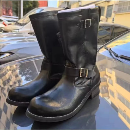 Retro Men's Genuine Leather British Long Chelsae Boots Knee High Buckle Strap Riding Botas Moto Thick Heel Engineer Boots