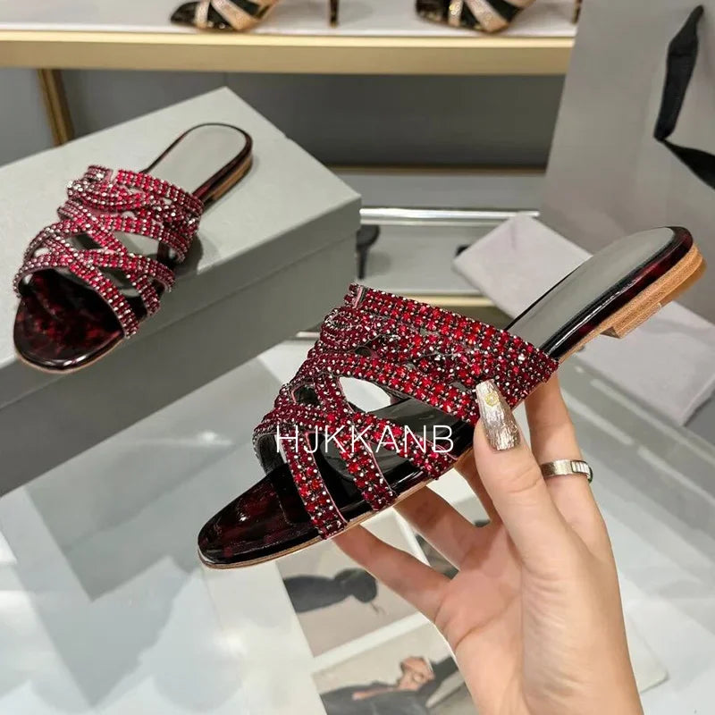 Summer New Luxury Rhinestone Decor Flat Slippers Women's Open Toe Hollow Out Casual Sandals Outdoor Vacation Beach Shoes 2024