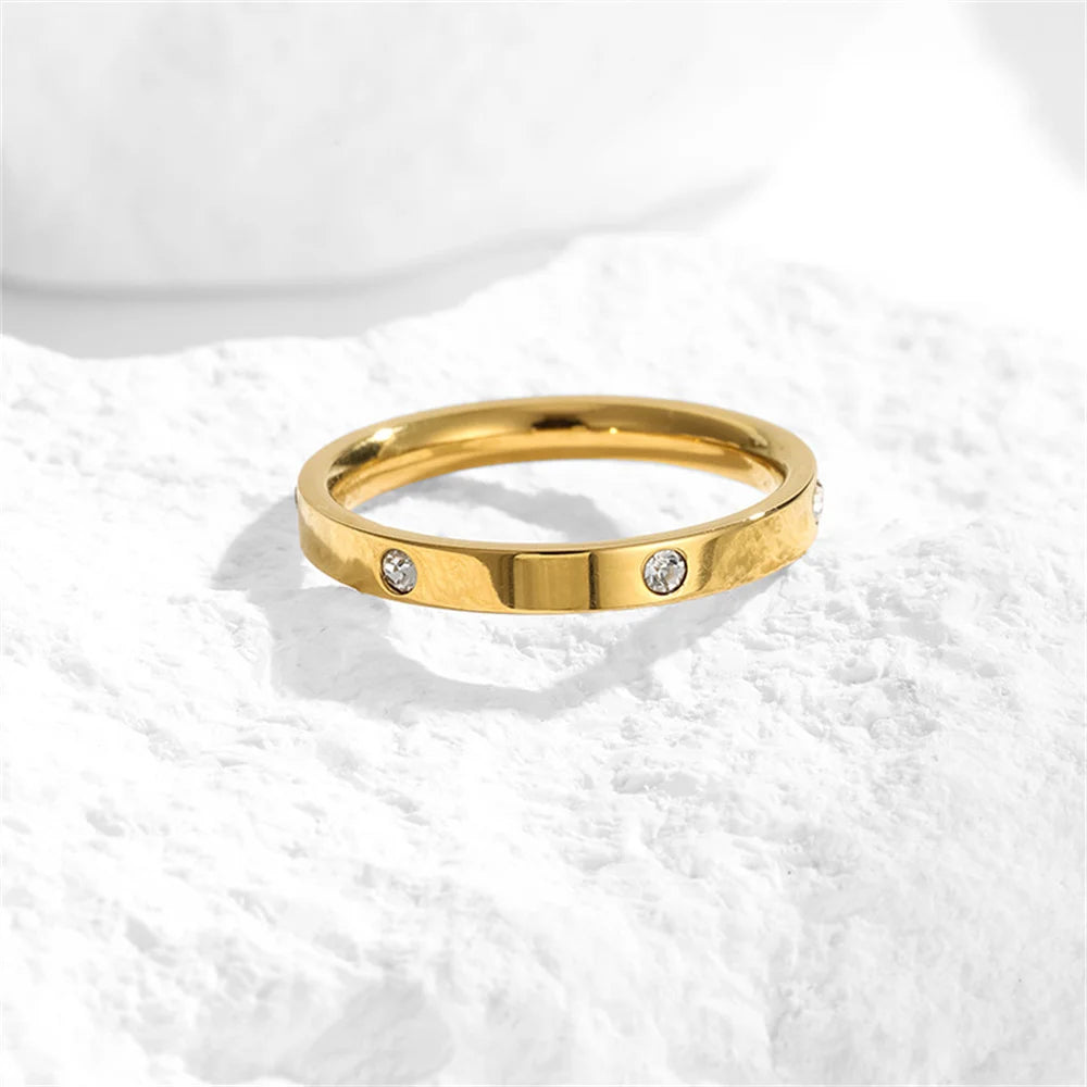 Women's Gold Ring 2mm Thin Silver Color Titanium Stainless Steel Crystal Wedding Rings for Woman Girl Elegant Jewelry Anello