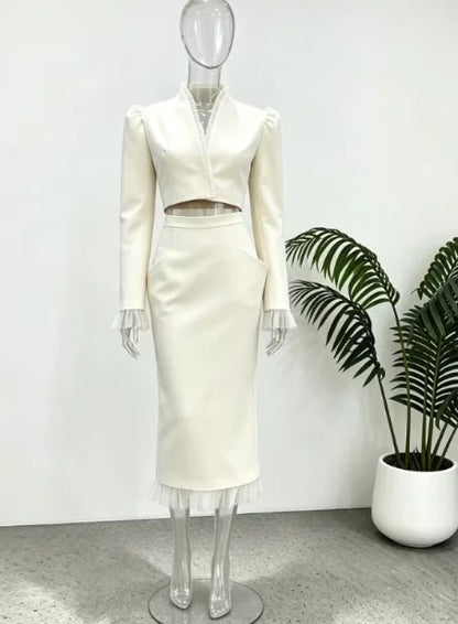 White Women's mesh two piece set Puff Sleeve V Neck blazer two piece dress set Daily Commuter Party  Outfit 2026 Summer Style