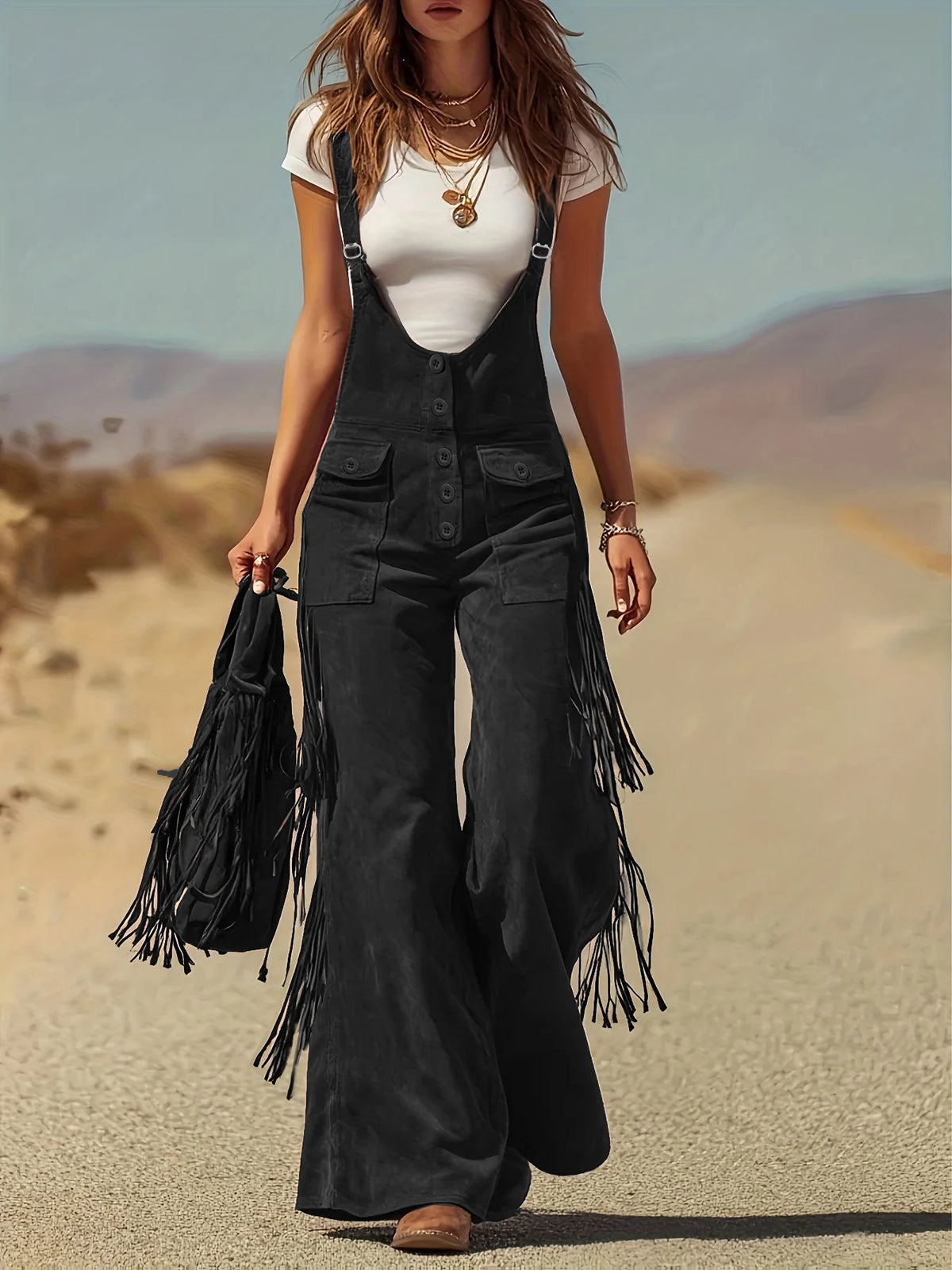 Western Vintage Solid Suede Tassel Female Jumpsuit Fashion Hollow Out Button Overalls 2026 Spring Strappy Bodysuit Woman Rompers