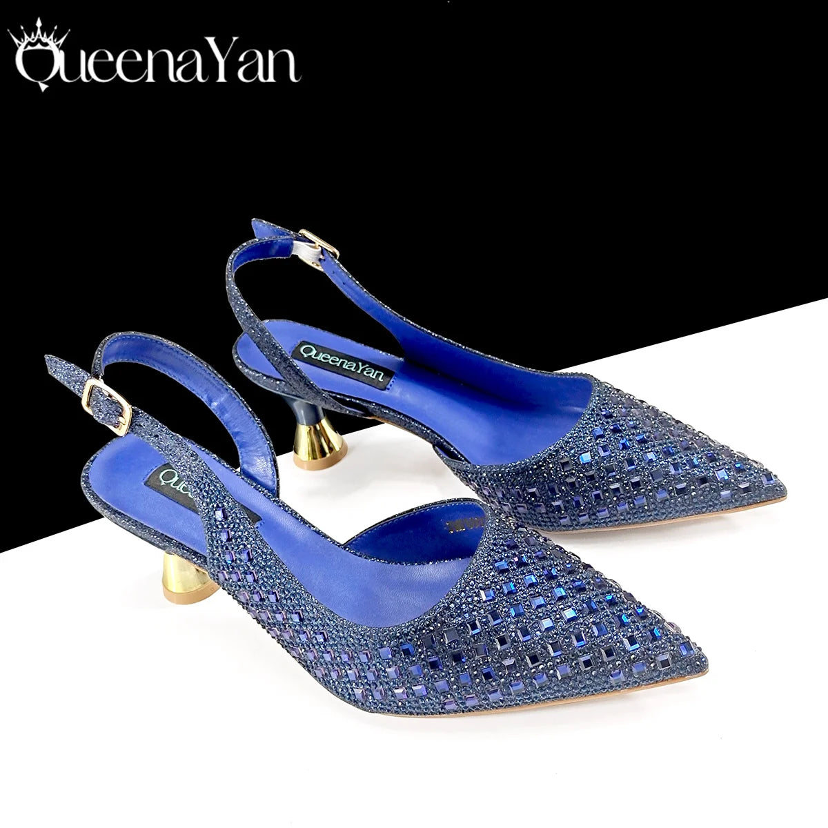 Queena Yan 2026 Italian Design Rhinestone Luxury Navy Blue Pointed Toe Shoe & Bag Set Women High Heels for Parties High Quality
