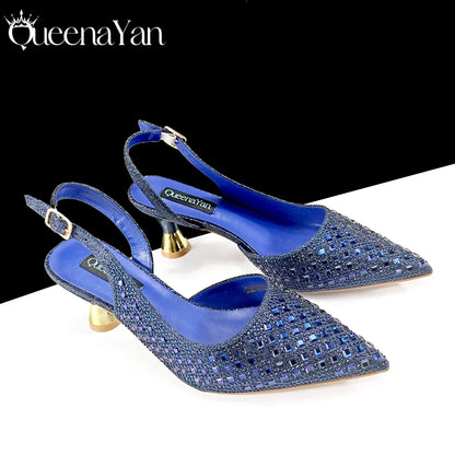 Queena Yan 2026 Italian Design Rhinestone Luxury Navy Blue Pointed Toe Shoe & Bag Set Women High Heels for Parties High Quality