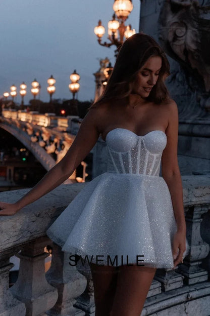 SWEMILE Glitter Short Wedding Dress A Line Sweetheart Neck Shiny Bride Dresses Mini Sweetheart Neck Vestido de novia Customized