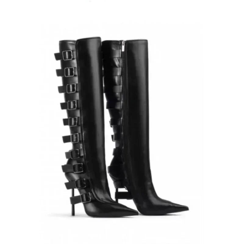 New Belt Buckle Stiletto High Heels Knee Length Boots Autumn/Winter Women's Fashion Pointed Party 34-46 Large Medium Boots