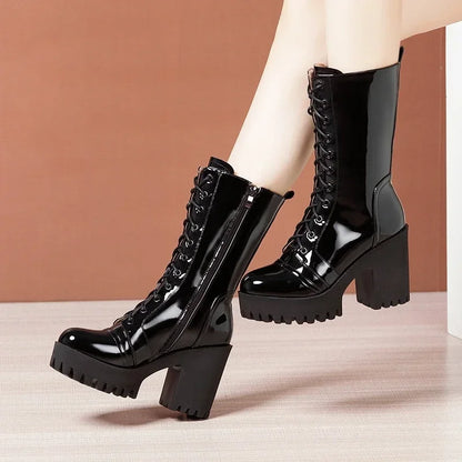 10cm Small Size 32-43 Fall Winter Genuine Leather Boots Platform Shoes 2026 Womens Block High Heels Mid Leg Boots Office Model