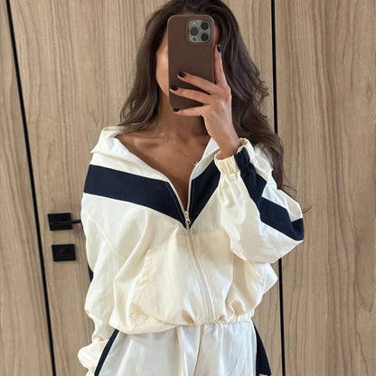 Lady'snavy Chevron Stripe Windbreaker Tracksuit Zip Cropped Jacket Contrast Trim Shorts 2026 Casual Sport Daily Jogging Street