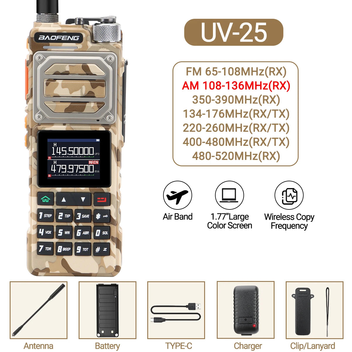 Baofeng UV-25 Walkie Talkie Wireless Copy Frequency Multi Band UHF VHF Air Band 999CH NOAA Type-C Charger AM Ham Two Way Radio