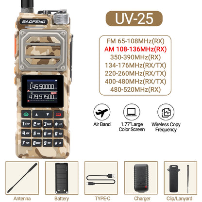 Baofeng UV-25 Walkie Talkie Wireless Copy Frequency Multi Band UHF VHF Air Band 999CH NOAA Type-C Charger AM Ham Two Way Radio