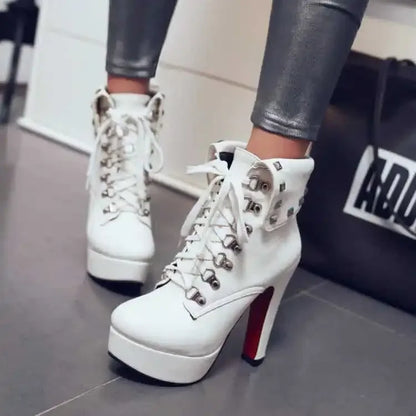 Autumn Waterproof Platform Chunky White High Heels for Women Solid Color Round Head Front Lace-up Low Leg Punk Rivet Ankle Boots