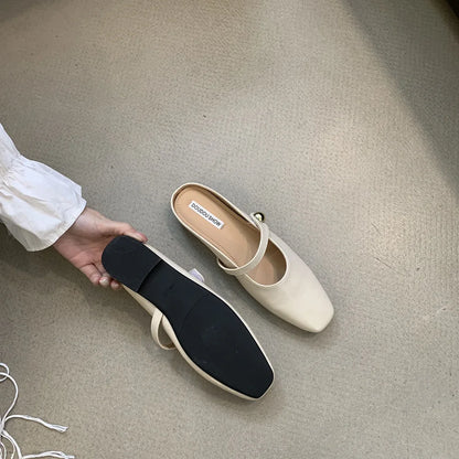 Soft Leather 2025 Ins Silver Buckle Strap Casual Shoes Fashion Flats Elegant Glitter Metallic Mules Shoes Cover Toe Slippers