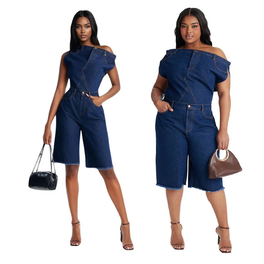 Jumpsuits Women Denim One Piece Short Sleeve Overalls Knee Length Pants Tight Waist Rompers Y2k Streetwear Slash Neck 2026