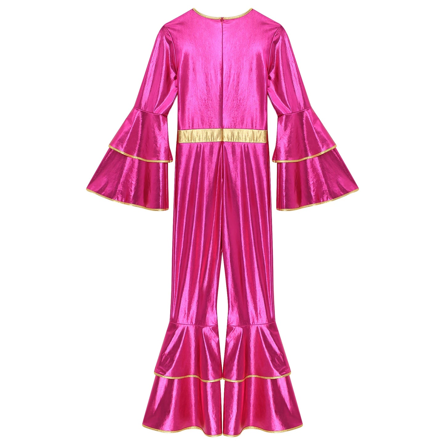Womens 70S Disco Vintage Jumpsuit Metallic Shiny Flare Sleeve Bodysuit Hippie Bell Bottom Jazz Dance Carnival Rave Party Costume